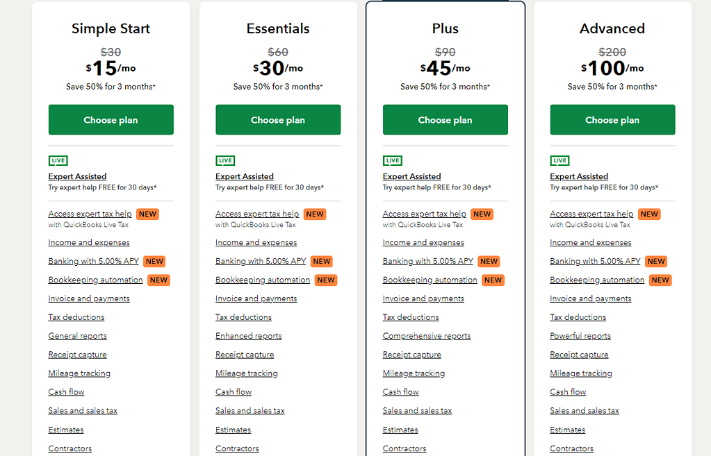 Quickbooks Online pricing screenshot