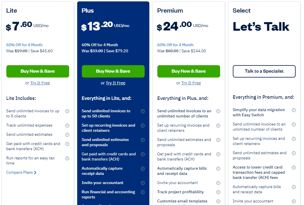 FreshBooks pricing screenshot