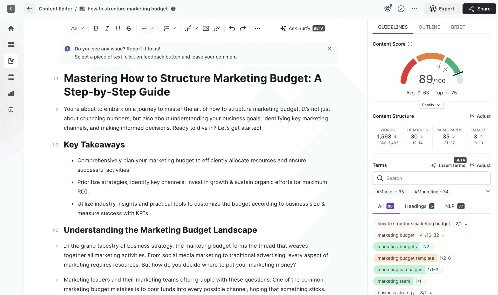 Surfer SEO dashboard