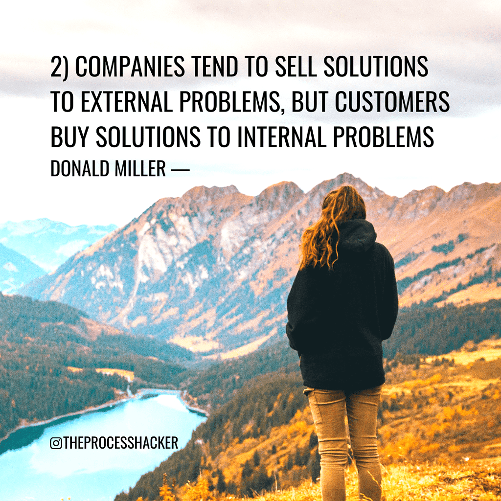 StoryBrand Principle 2: "Companies tend to sell solutions to external problems, but customers buy solutions to internal problems." - Donald Miller