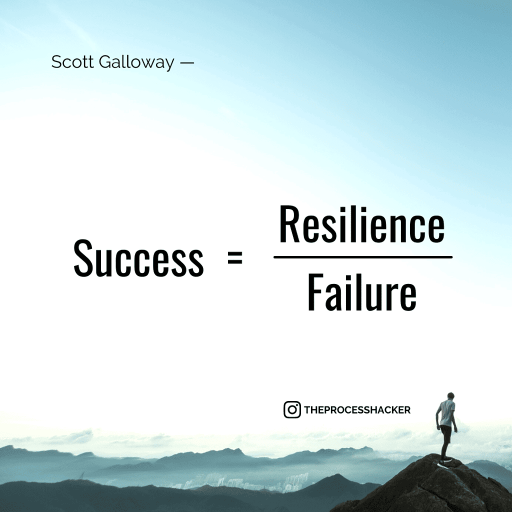 Success = Resilience / Failure - Scott Galloway. Everyone deals with obstacles, so your success is correlated to your ability to be resilient and overcome failure.