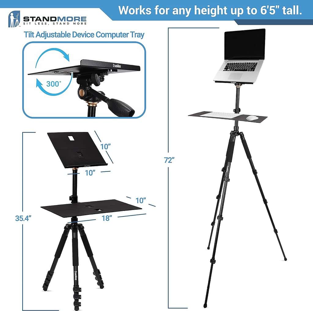 The StandMore travel standing desk accommodates at a height up to 6'5"