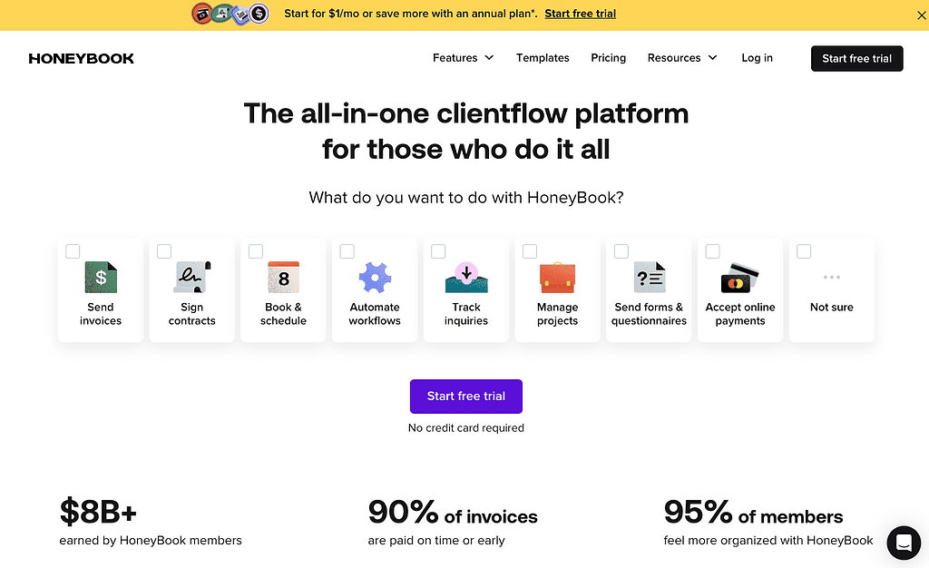 Honeybook as the all-in-one clientflow platform website