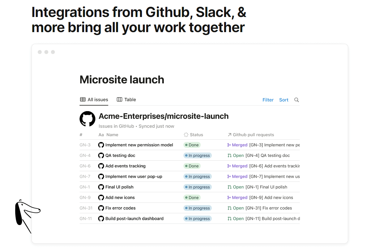 Notion integrates with GitHub, Slack, Trello and many more.