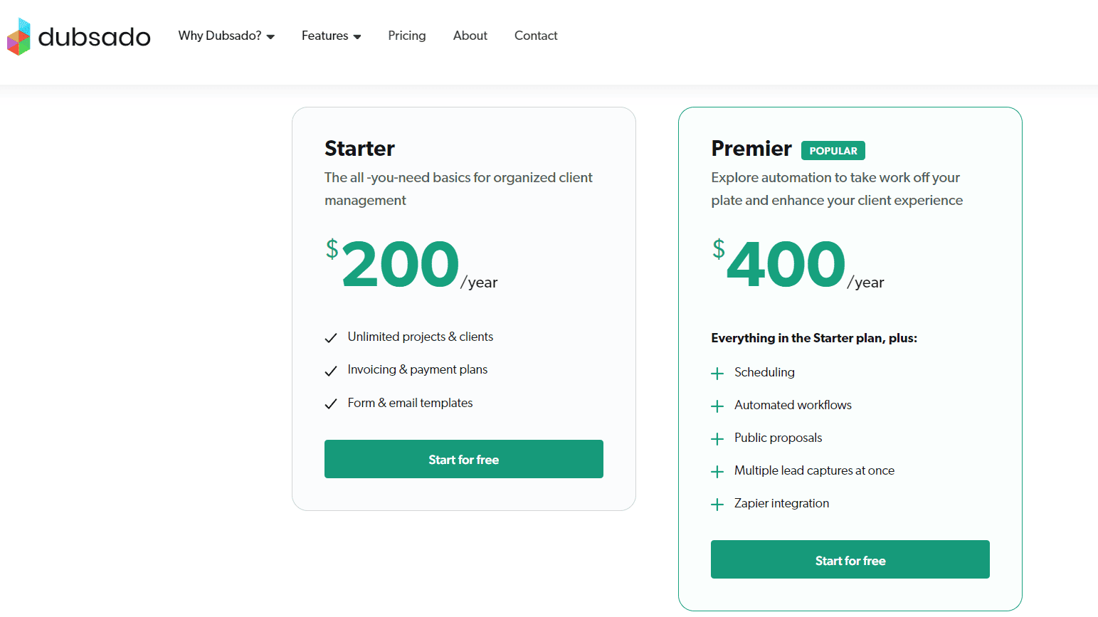 Dubsado's Starter plan costs around $20 per month.