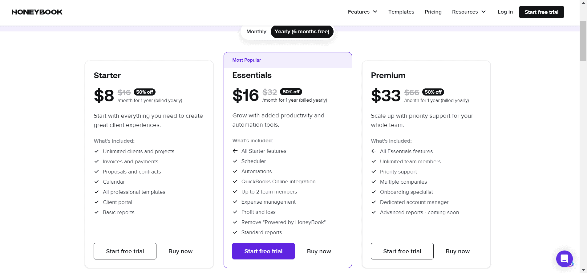 HoneyBook has three pricing plans.