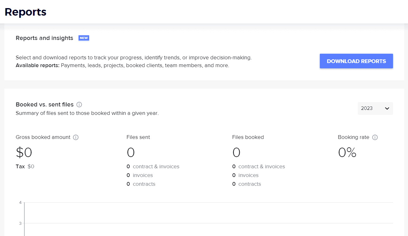 HoneyBook allows selecting and downloading reports to track progress, identify trends, or improve decision-makin.