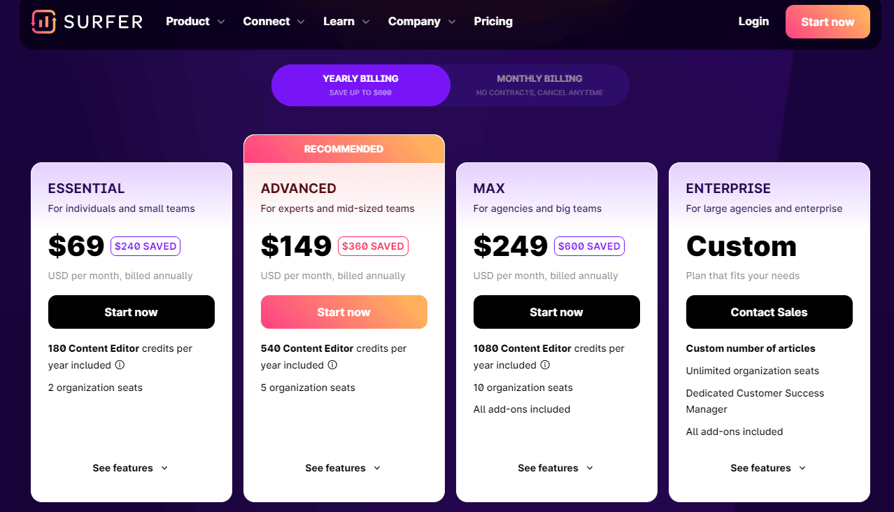 Surfer SEO pricing details.