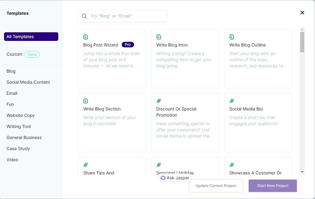 Copy.ai offers content templates.