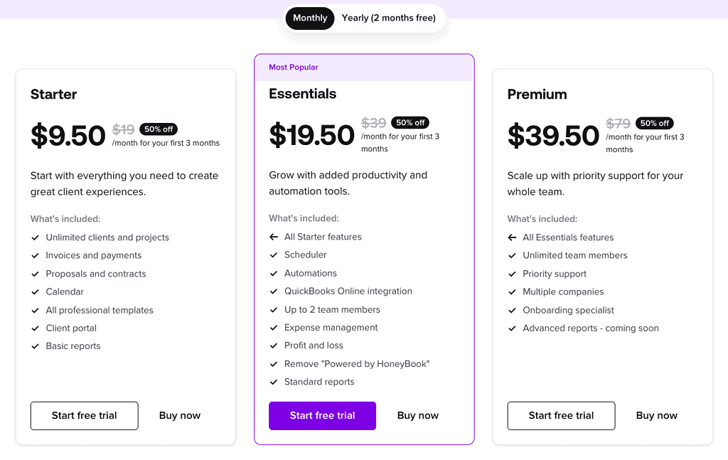 HoneyBook pricing