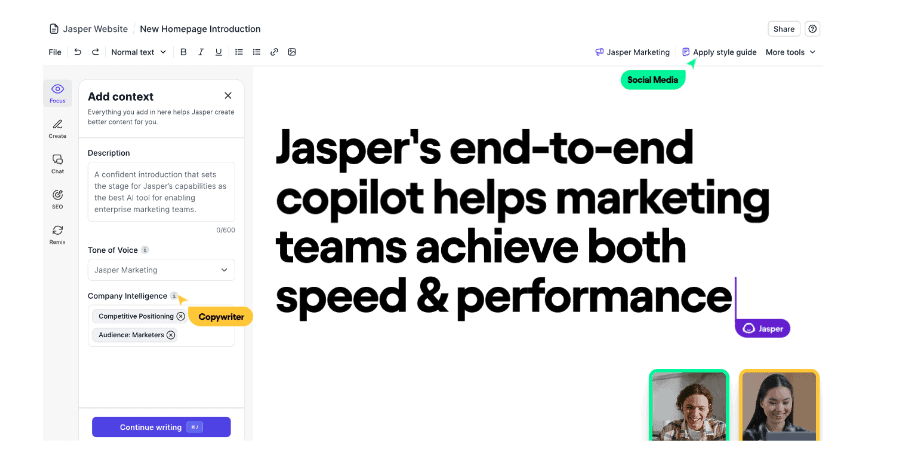 Jasper's end to end copilot helps marketing team achieve both speed & performance